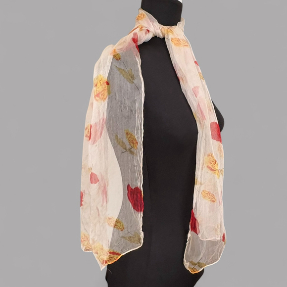 1950s Sheer Silk Floral Scarf Cream Red Yellow Rose - Picture 2 of 10